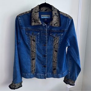 Blue Jean Brocade Jacket Rhinestone Bling Fall Jacket Versace Boho Medium